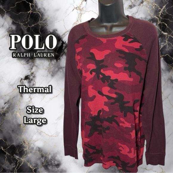 POLO Men's Ralph Lauren Red Maroon Black Camo Long Sleeve Thermal Size Large - Picture 1 of 16